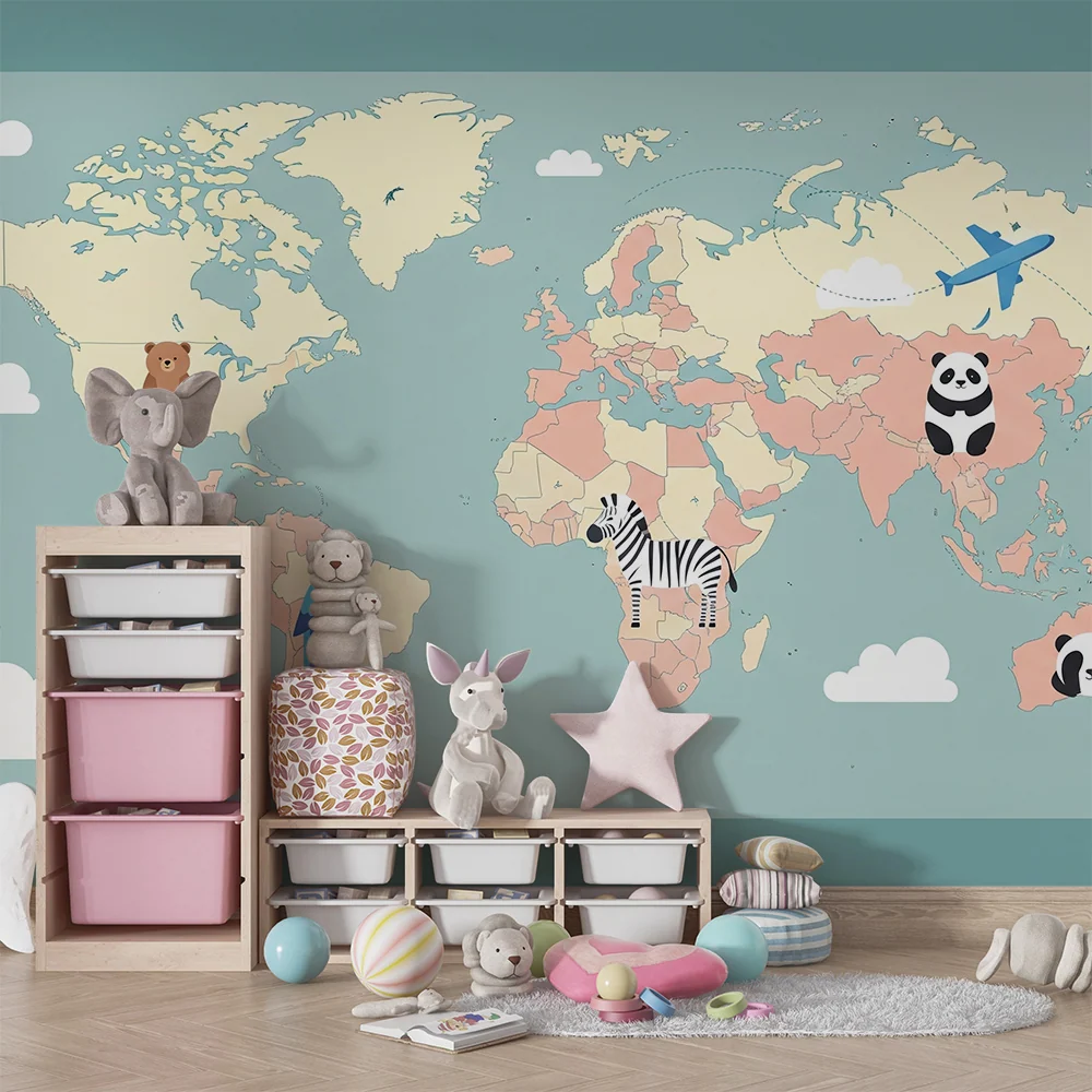 Kinderzimmer Tapete | Weltkarte mit bunten Tieren und Wolken