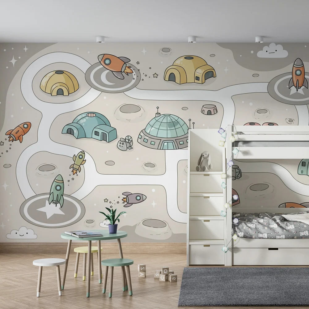 Kinderzimmer Tapete | Weltraumabenteuer und bunte Raketen