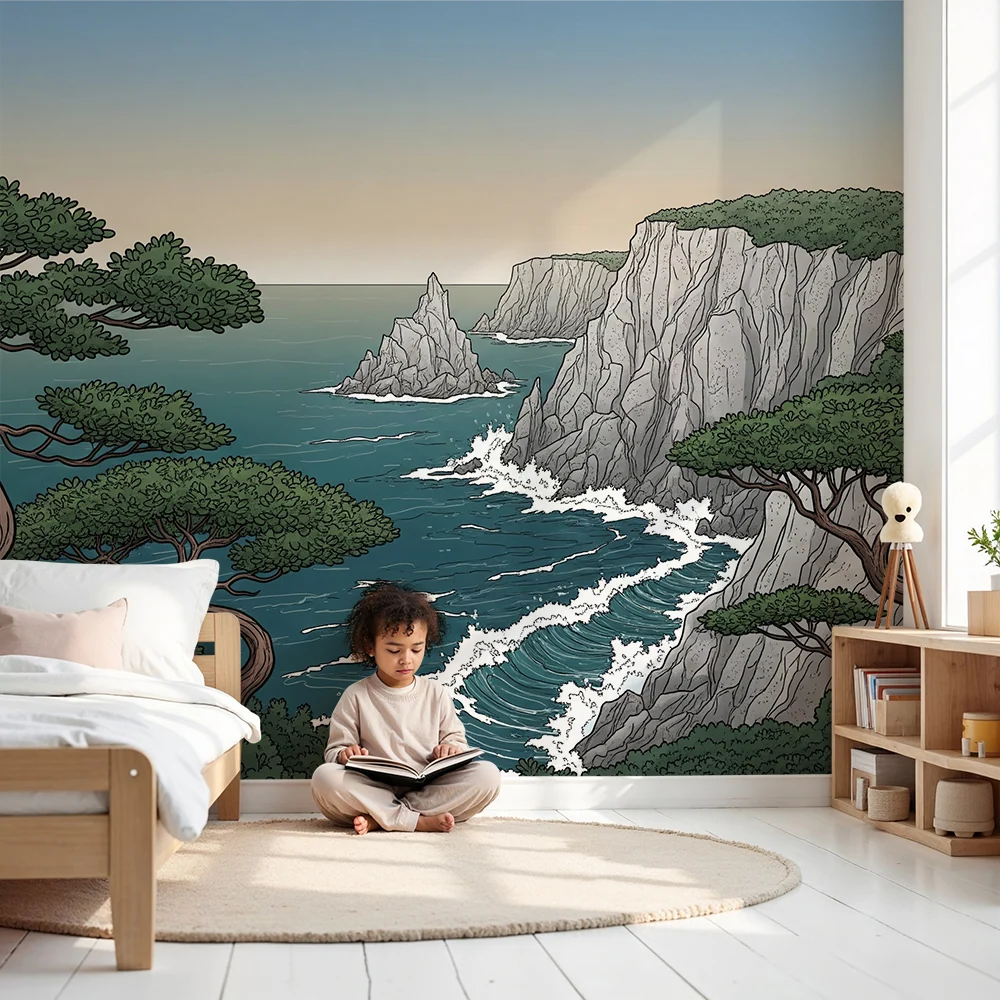 Kinderzimmer Tapete | Wilde Küste mit Bäumen und türkisblauem Meer