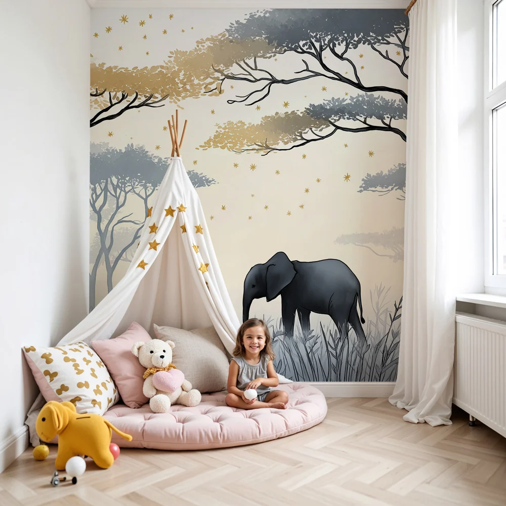 Kinderzimmer Tapete | Wunderschöner Elefant unter den Sternen