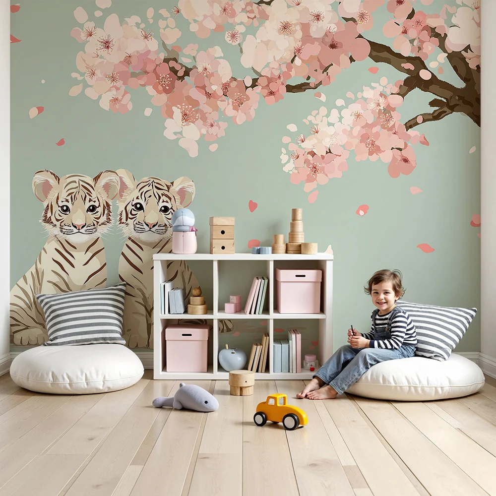 Kinderzimmer Tapete | Zwei entzückende Tiger unter einer blühenden Kirschblüte