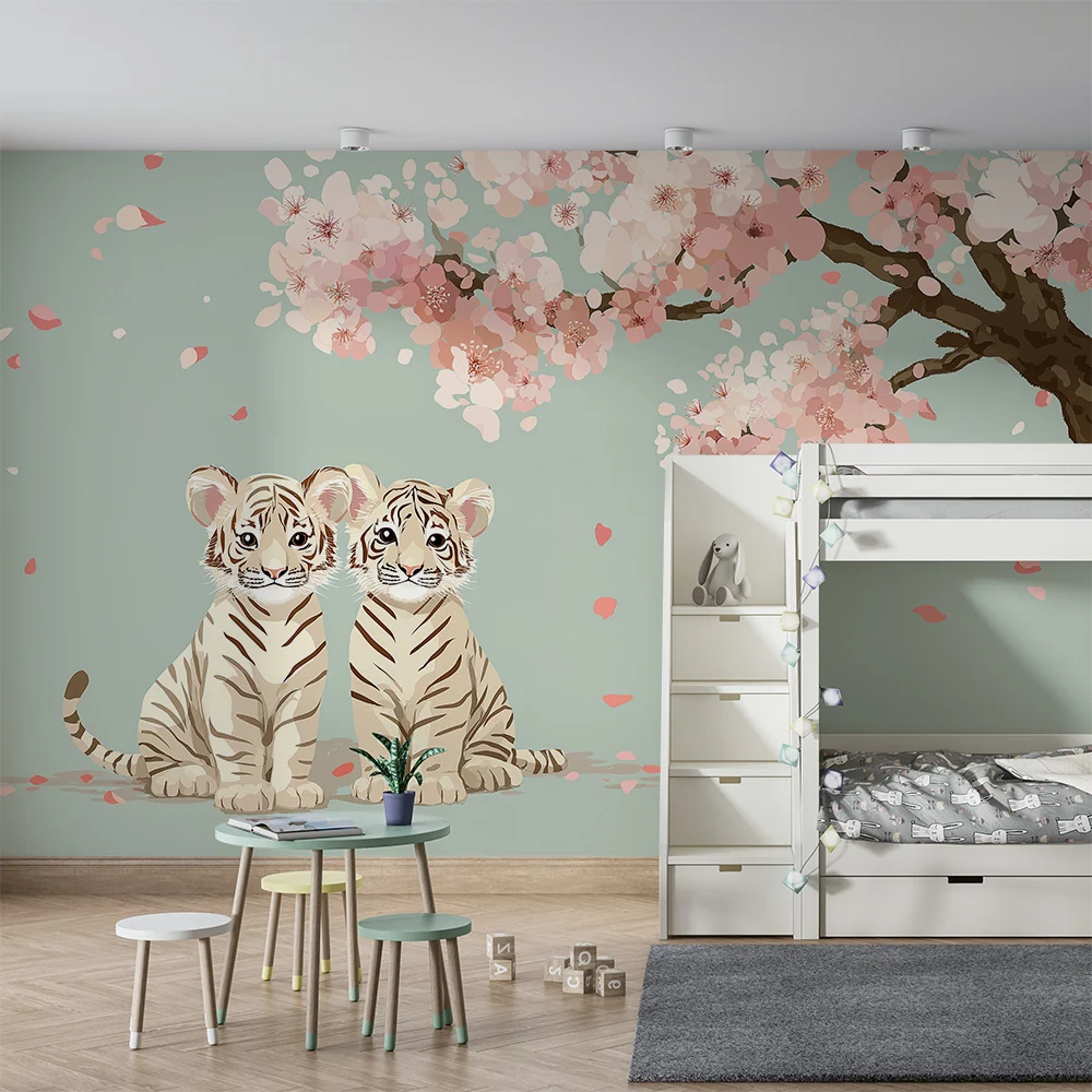 Kinderzimmer Tapete | Zwei entzückende Tiger unter einer blühenden Kirschblüte