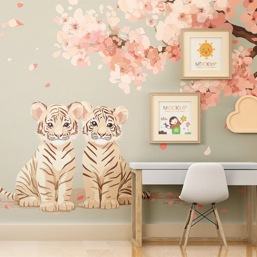 Kinderzimmer Tapete | Zwei entzückende Tiger unter einer blühenden Kirschblüte