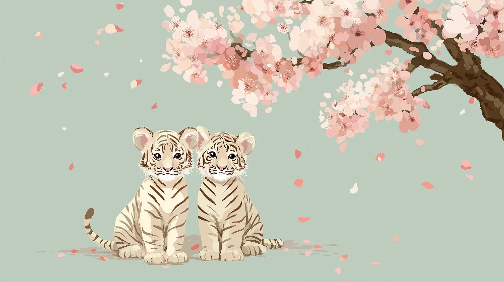 Kinderzimmer Tapete | Zwei entzückende Tiger unter einer blühenden Kirschblüte