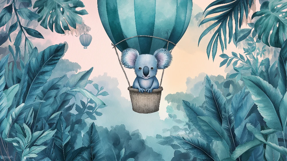 Koala v balónu nad tropickou džunglí pro dětskou pokojní tapetou