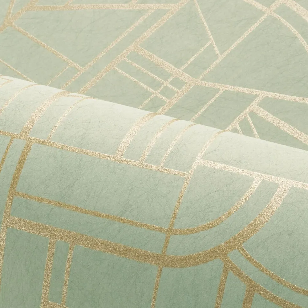 Metalická tapeta s geometrickým vzorem CINÉTIQUE - MOŘSKÁ ZELENÁ/ZLATÁ