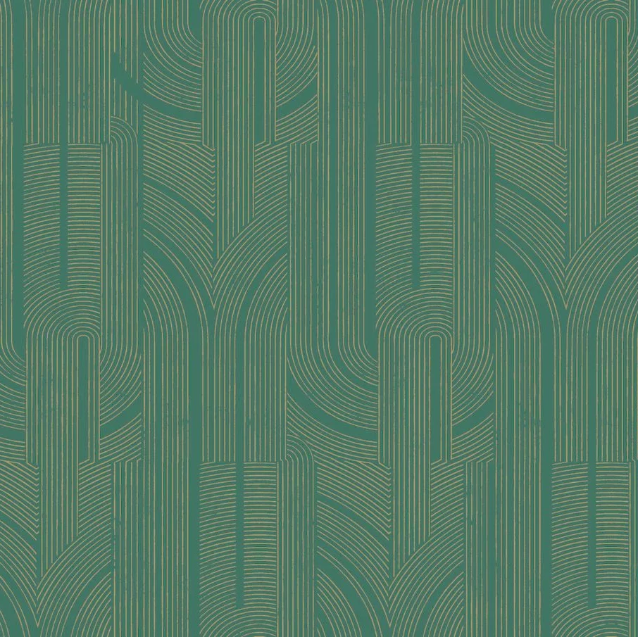 Metalická tapeta s geometrickým vzorem v pruzích PORTE DORÉE - ÉMERAUDE/DORÉ smaragdová se zlatou
