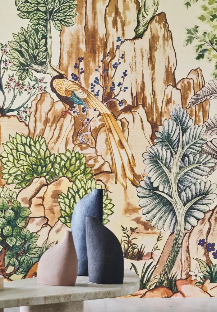 Mural z sizalu s rostlinnou krajinou HANG MUA béžový