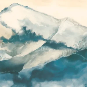 Nástěnná malba z abaki s horským motivem HORIZON - BLEU BEIGE DORÉ modrá s béžovou