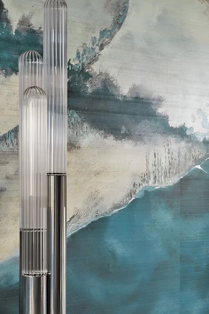 Nástěnná malba z abaki s horským motivem HORIZON - BLEU BEIGE DORÉ modrá s béžovou