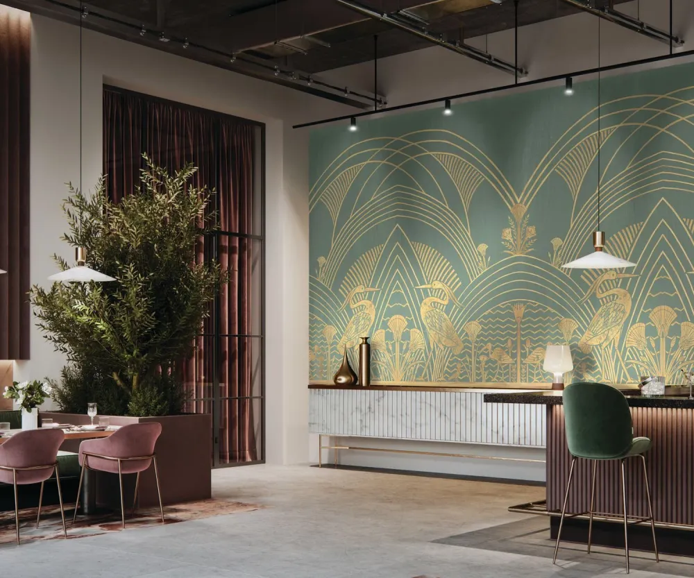 Nástěnná malba ve stylu art déco ELEPHANTINE zelená se zlatou