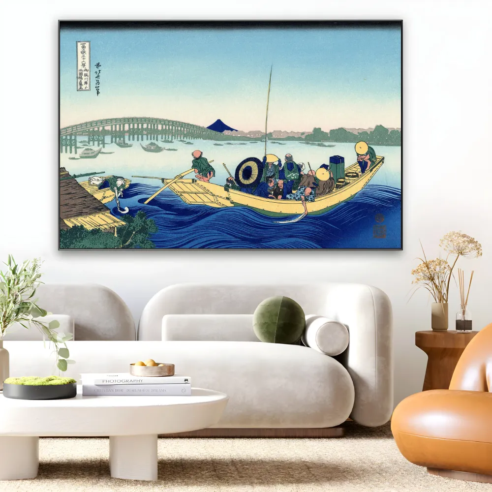 Západ slunce přes most Ryōgoku z břehu řeky Sumida v Onmayagashi, Katsushika Hokusai OGC