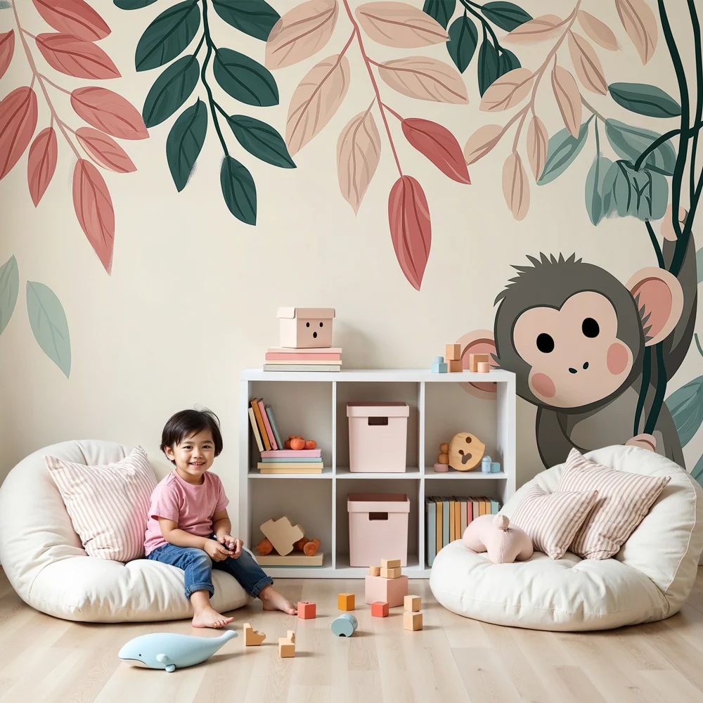 Papel de parede quarto bebê | Hravý opice padající barevné listy