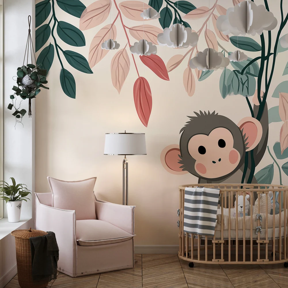 Papel de parede quarto bebê | Hravý opice padající barevné listy