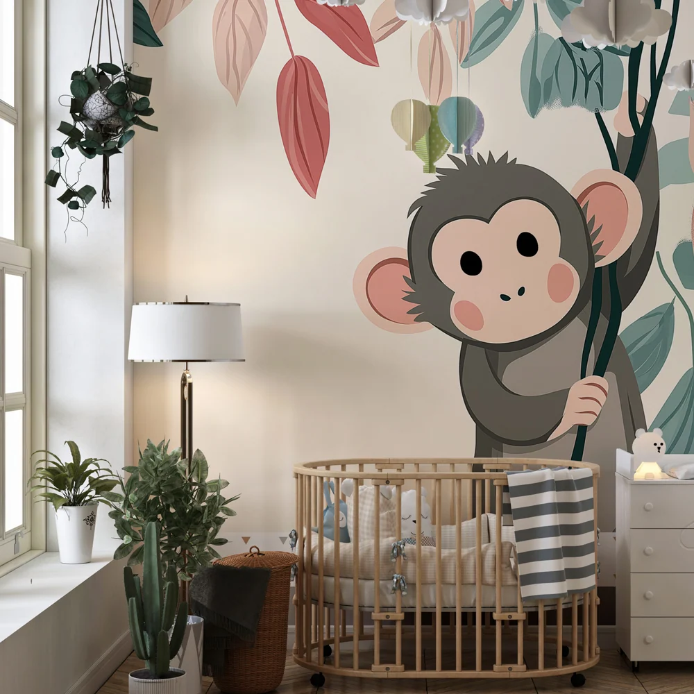 Papel de parede quarto bebê | Hravý opice padající barevné listy
