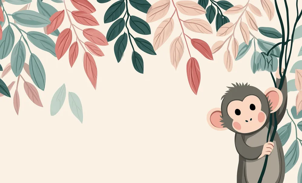 Papel de parede quarto bebê | Hravý opice padající barevné listy