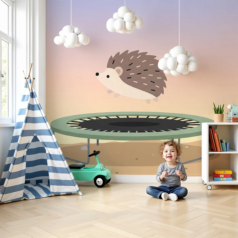 Papel de parede quarto bebê | Ouriço acrobata no trampolim