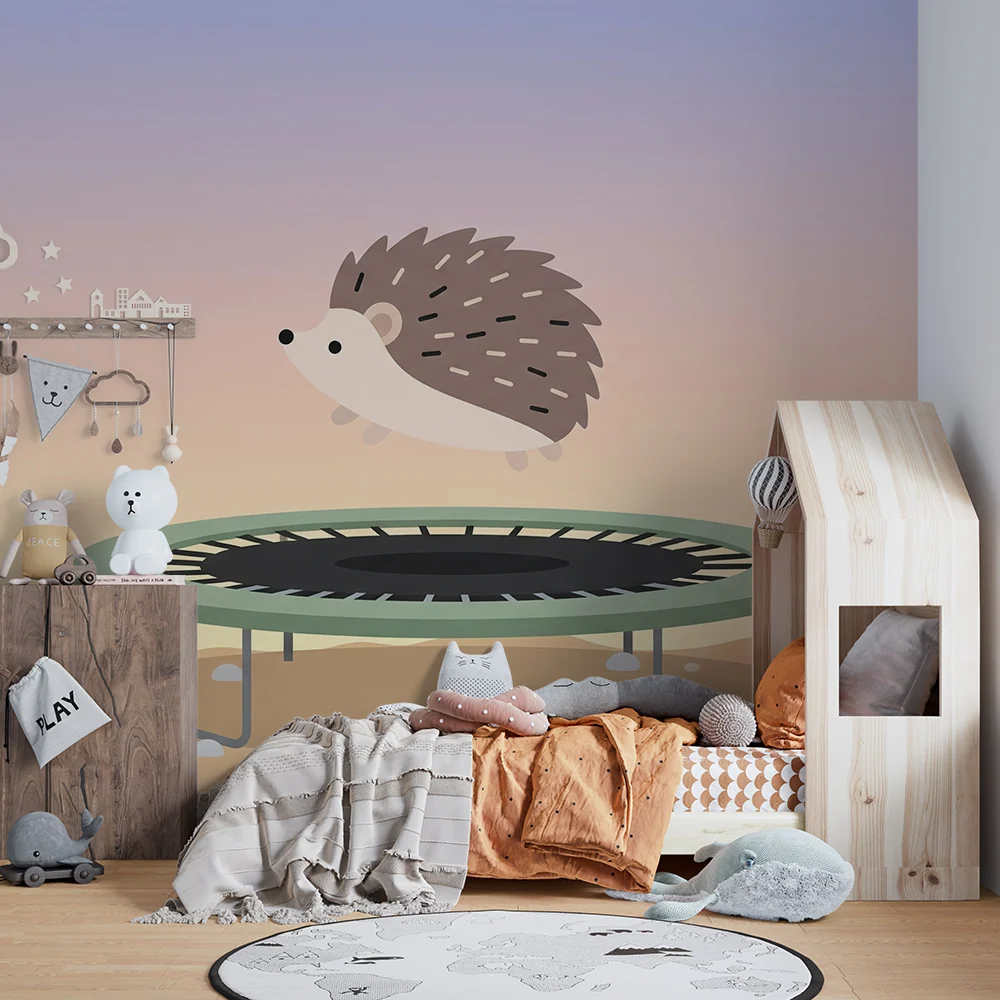 Papel de parede quarto bebê | Ouriço acrobata no trampolim