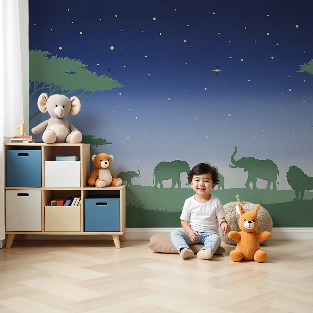 Papier de parede crianç | Noční safari pod hvězdami modrou noční oblohou