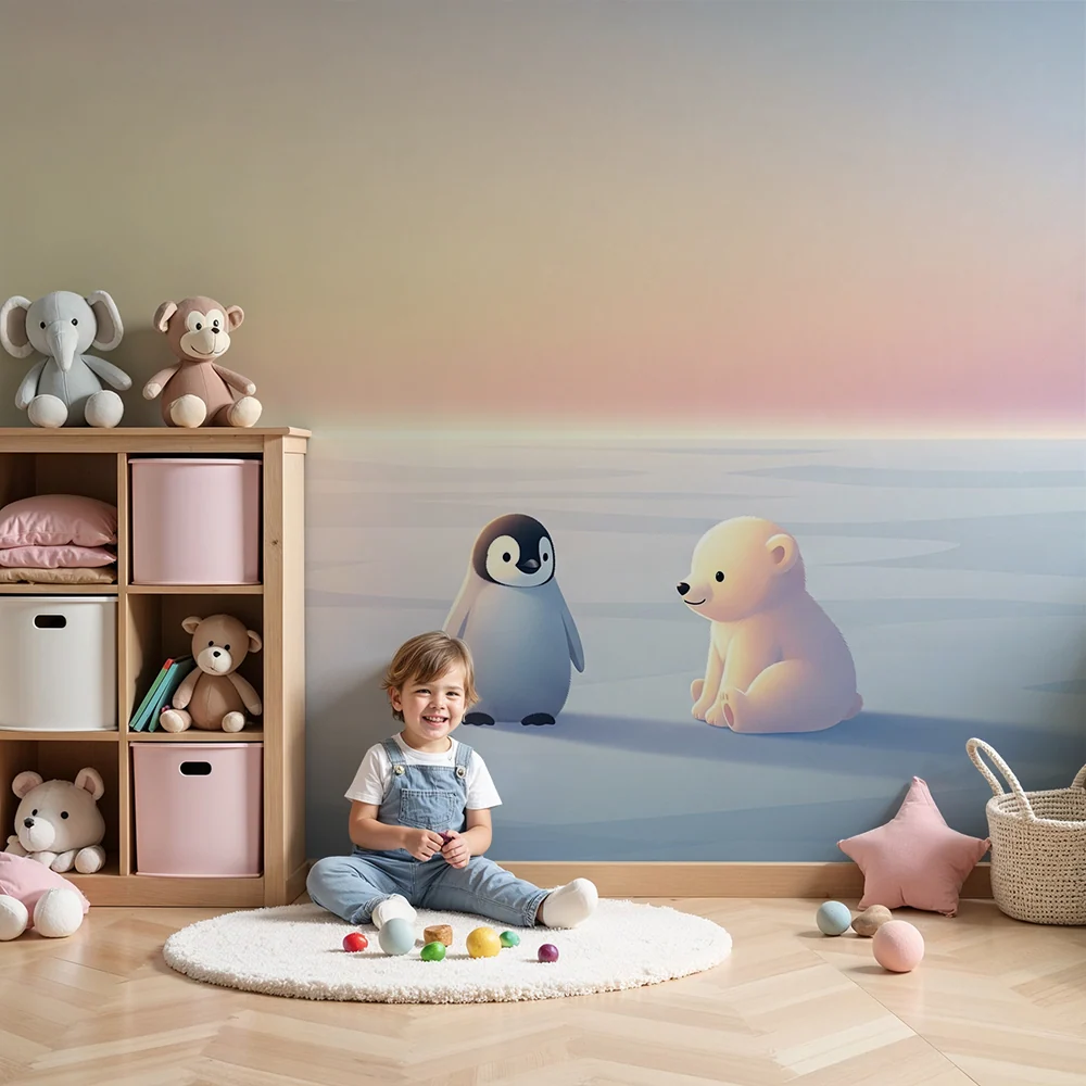 Papier de parede crianç | Pinguim e urso polar em uma paisagem congelada