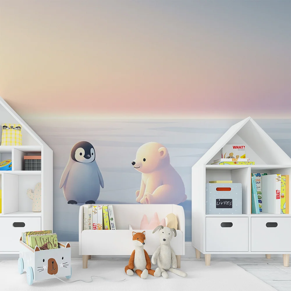 Papier de parede crianç | Pinguim e urso polar em uma paisagem congelada