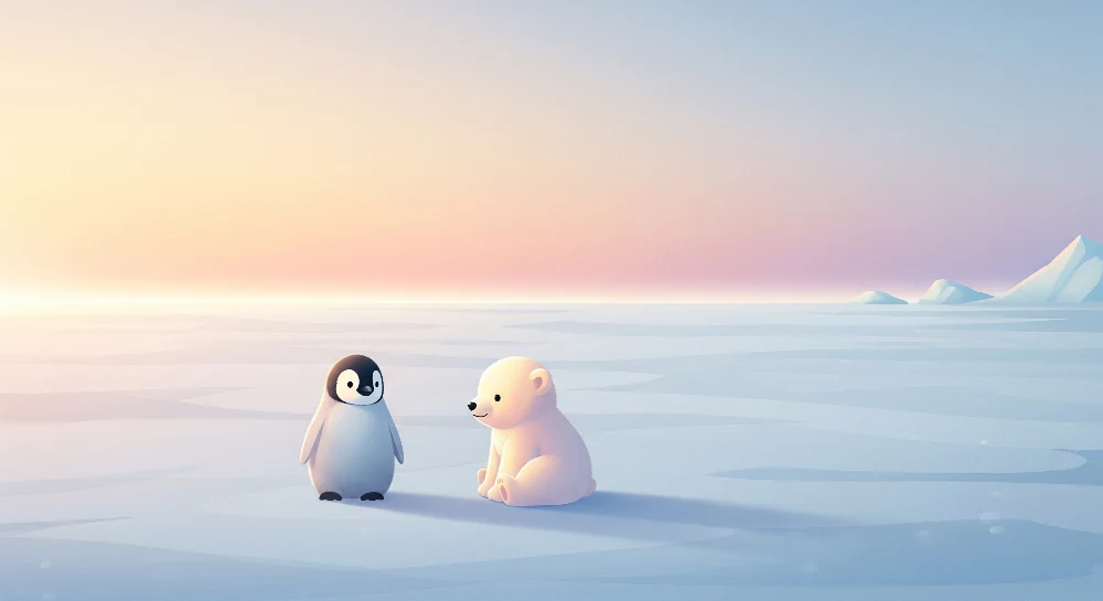 Papier de parede crianç | Pinguim e urso polar em uma paisagem congelada