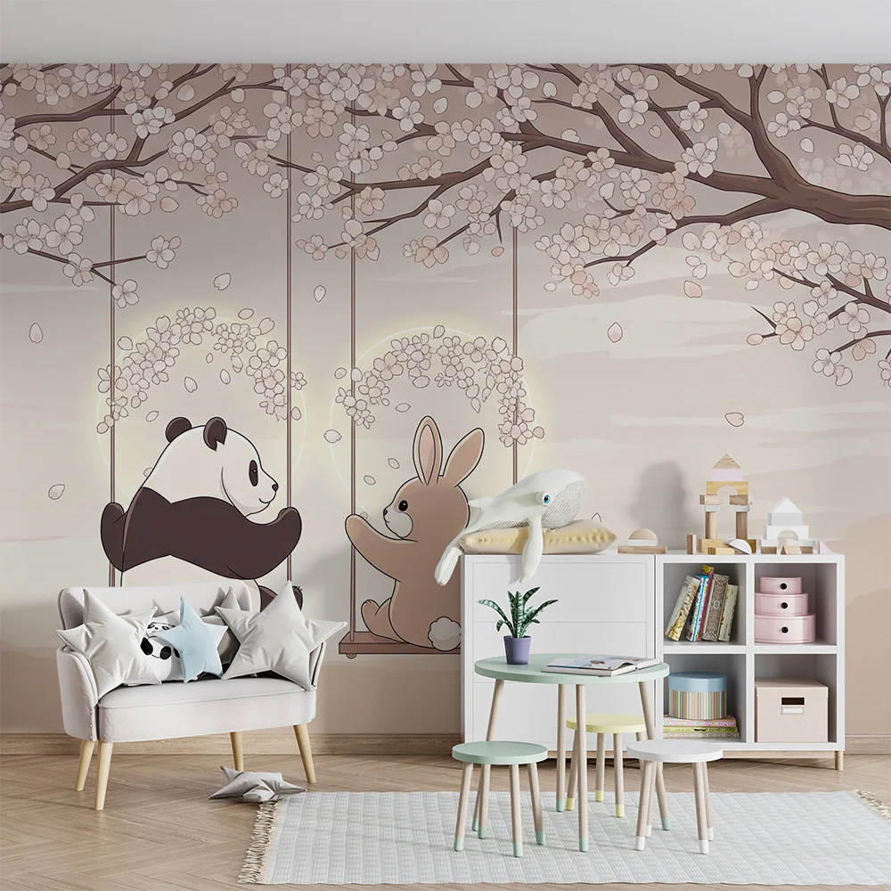 Papier de parede dětský pokoj | Panda zajíc na houpačkách pod kvetoucím třešněním