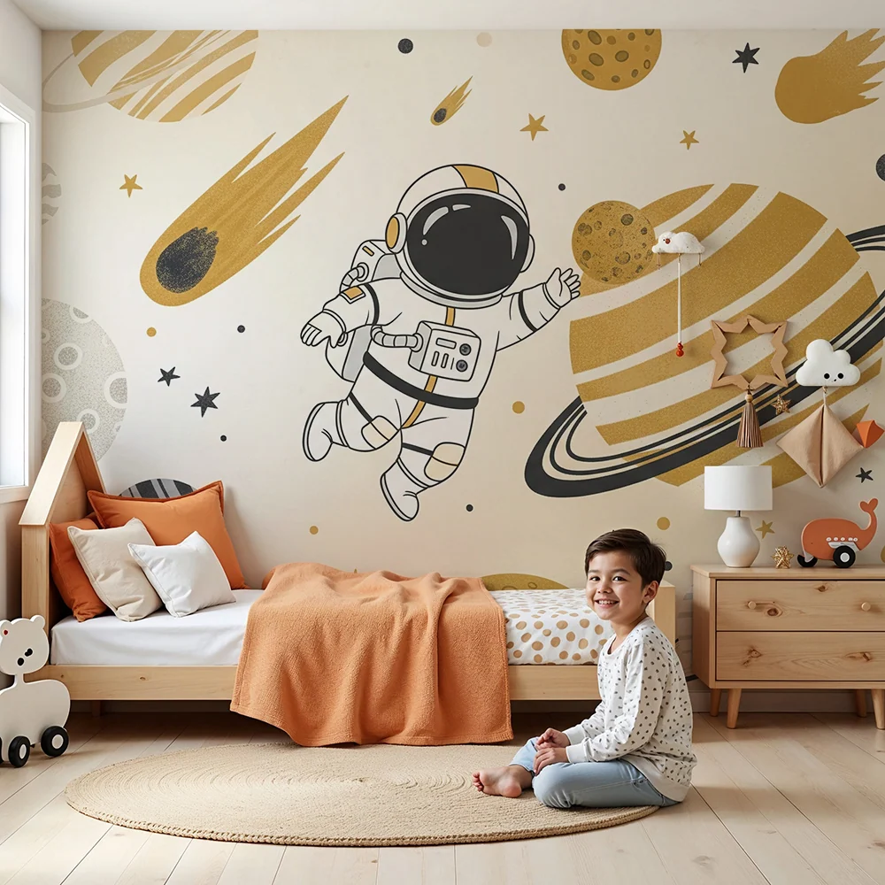 Papier de parede para crianças | Astronauta explorando um universo colorido com planetas e estrelas