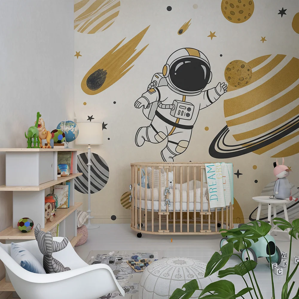 Papier de parede para crianças | Astronauta explorando um universo colorido com planetas e estrelas
