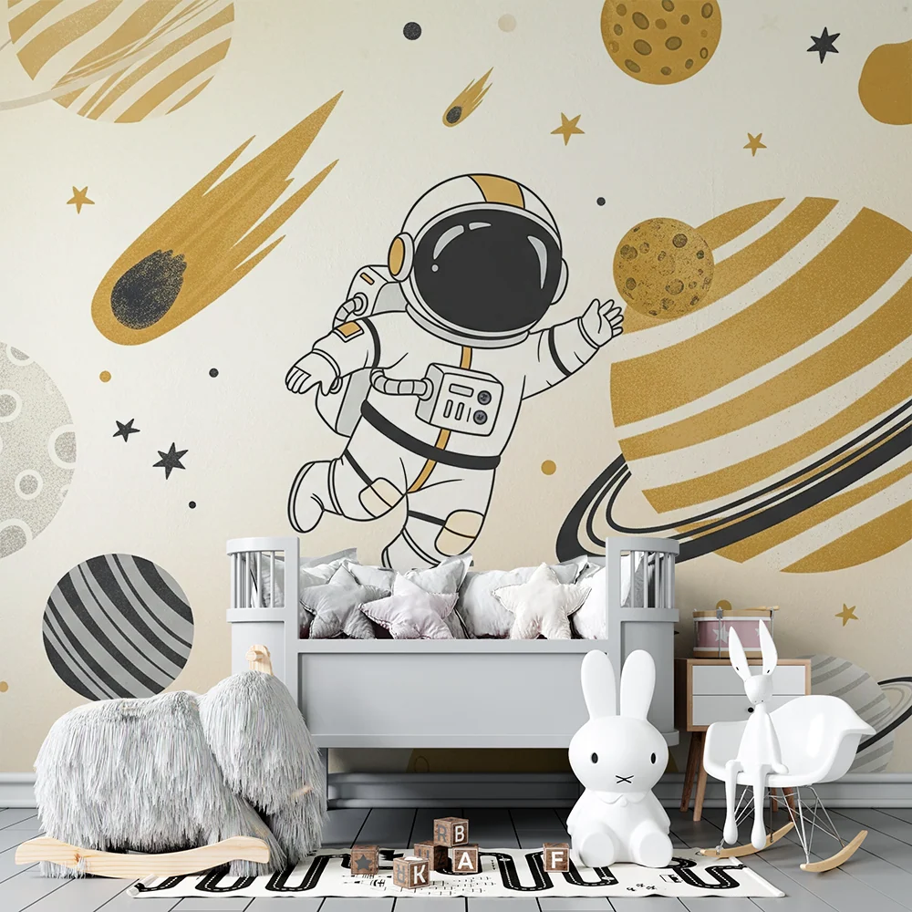 Papier de parede para crianças | Astronauta explorando um universo colorido com planetas e estrelas