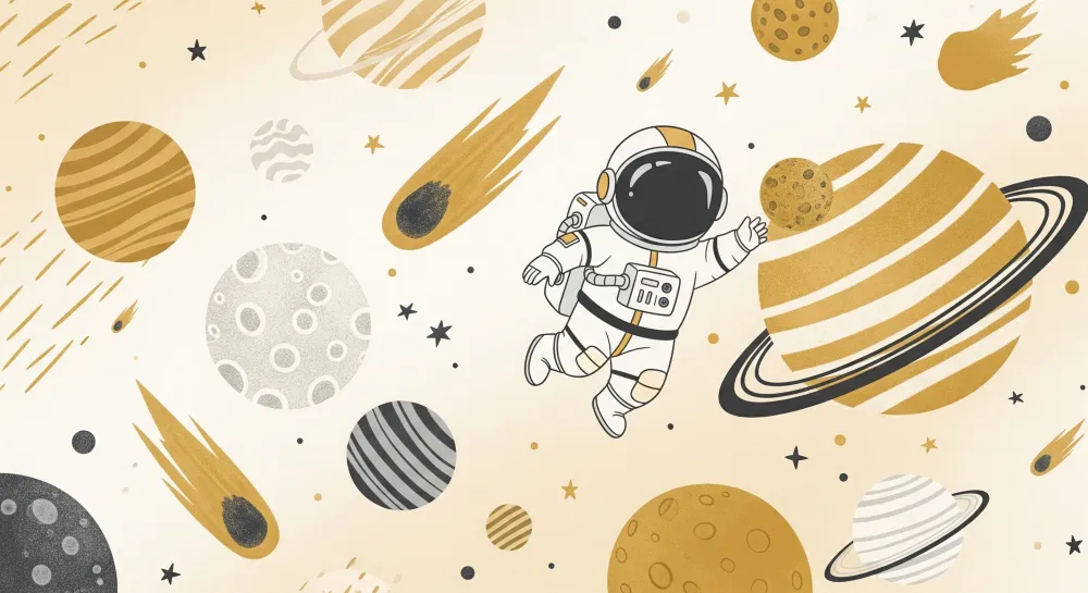 Papier de parede para crianças | Astronauta explorando um universo colorido com planetas e estrelas