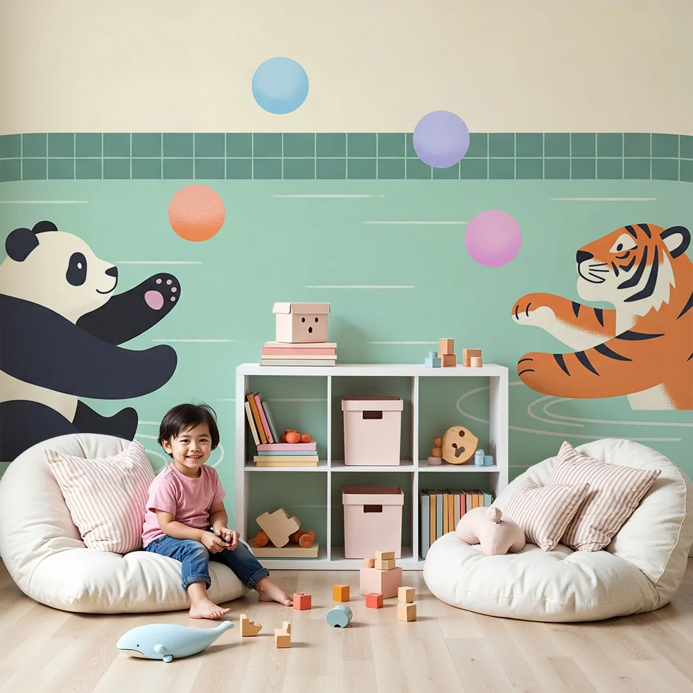 Papier de parede para crianças | Panda e tigre brincando na água com balões coloridos