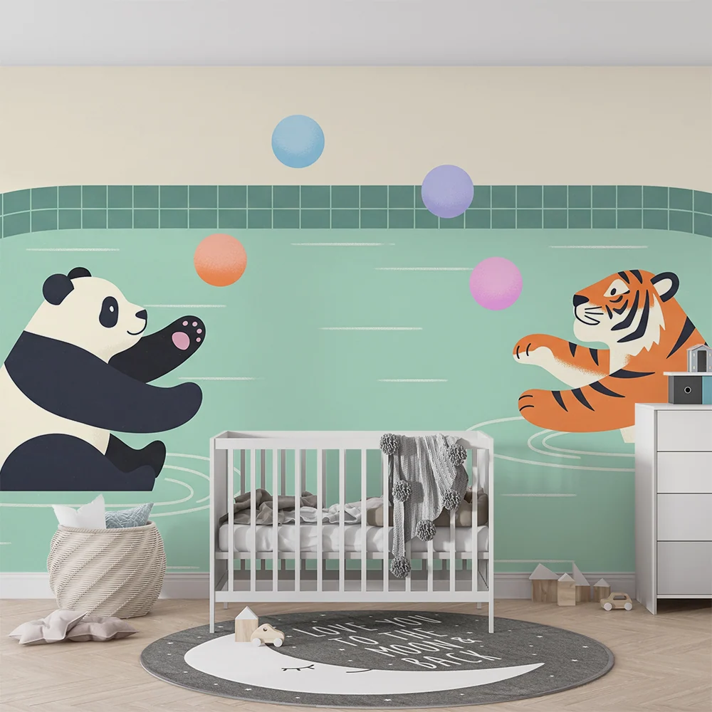 Papier de parede para crianças | Panda e tigre brincando na água com balões coloridos