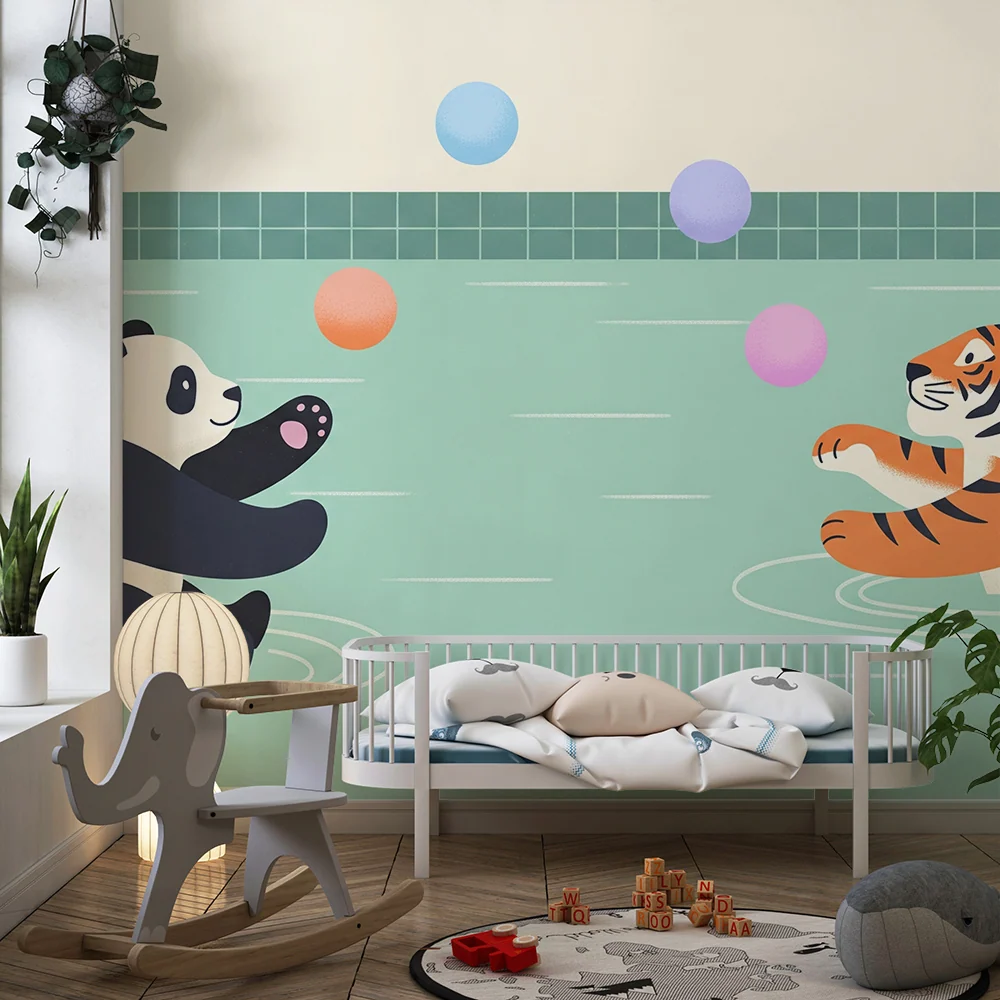 Papier de parede para crianças | Panda e tigre brincando na água com balões coloridos