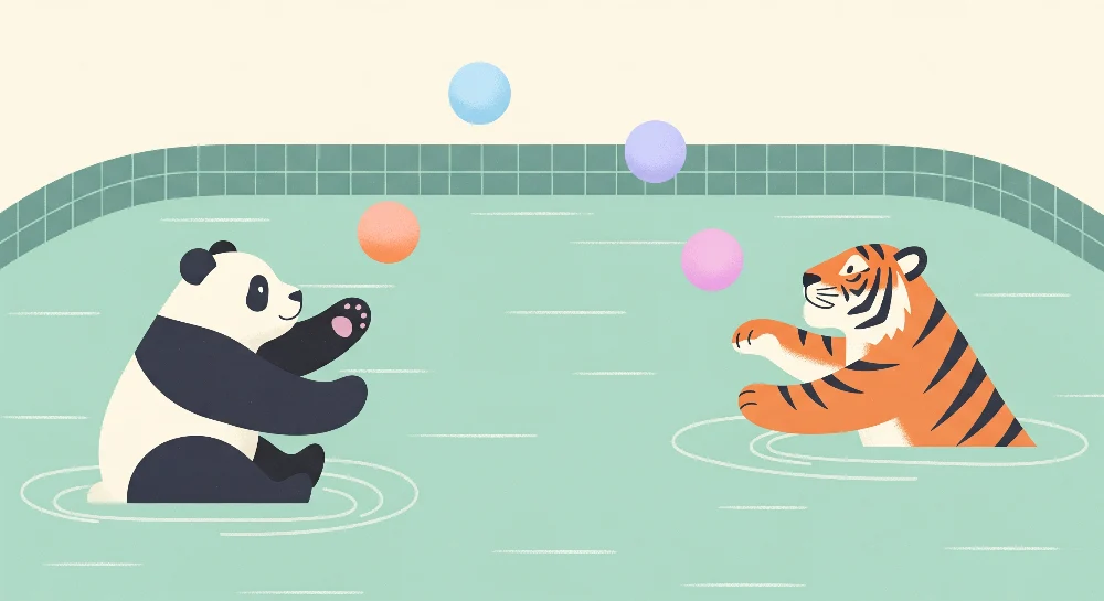 Papier de parede para crianças | Panda e tigre brincando na água com balões coloridos