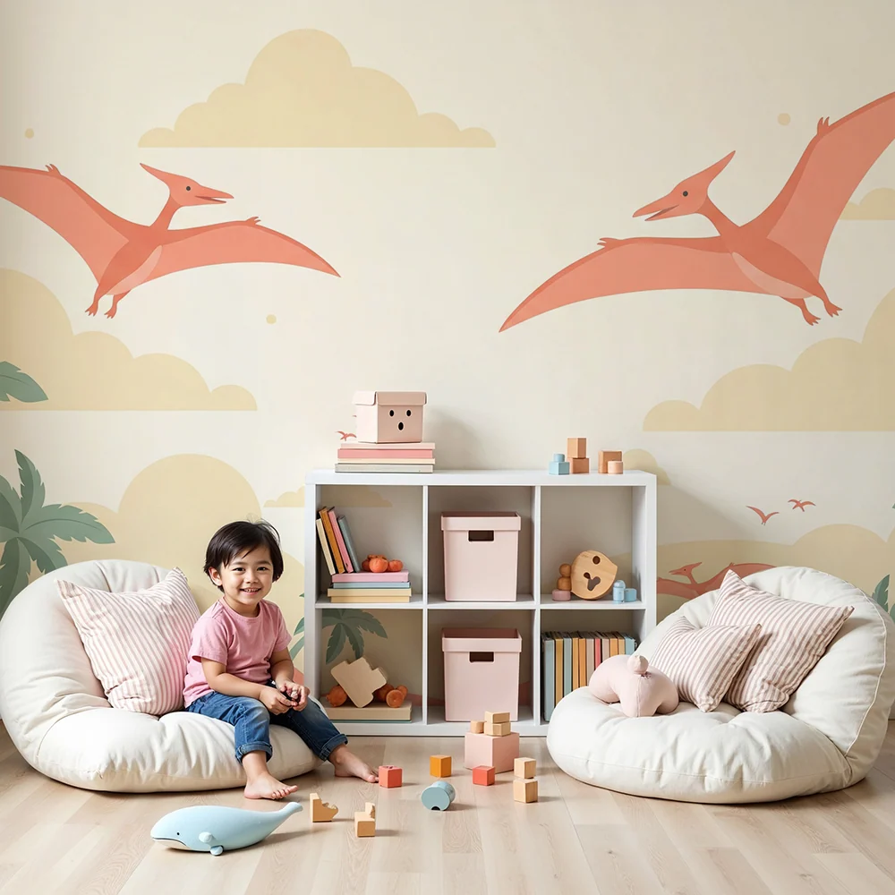 Papier de parede para crianças | Pterodáctilos voando sobre uma selva colorida