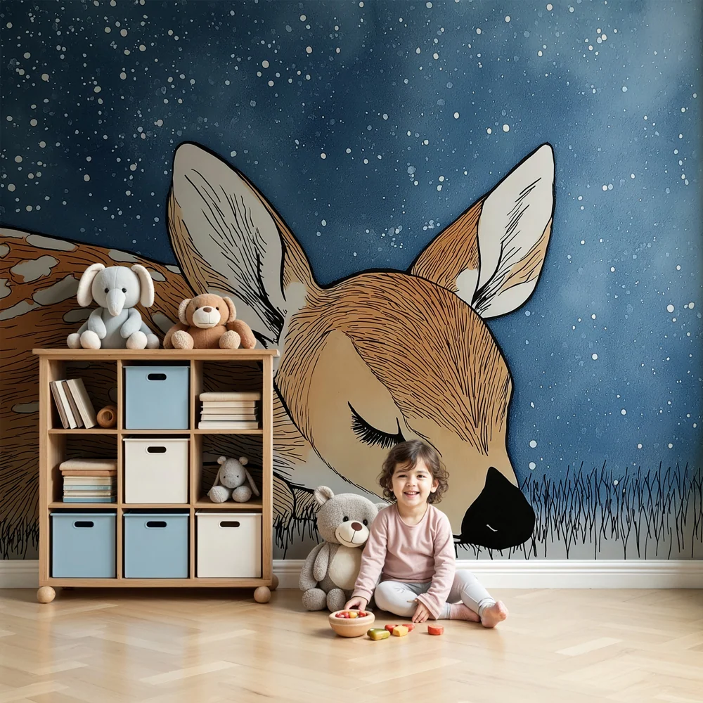 Papier de parede quarto bebê | Delikátní jelen pod hvězdnou oblohou