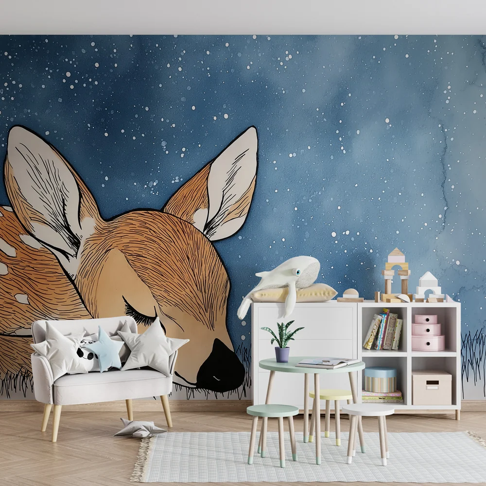 Papier de parede quarto bebê | Delikátní jelen pod hvězdnou oblohou