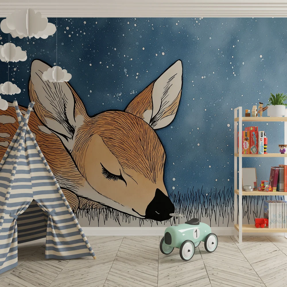 Papier de parede quarto bebê | Delikátní jelen pod hvězdnou oblohou