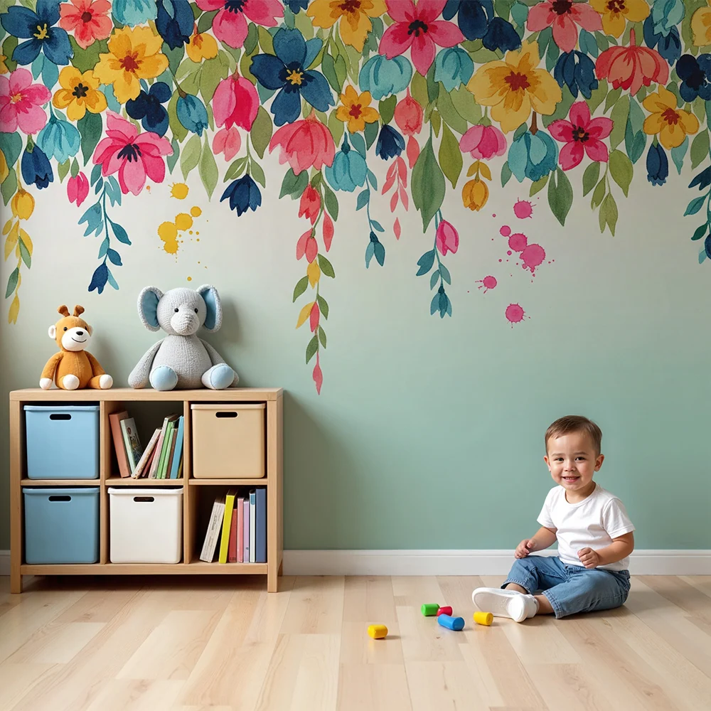 Papier de parede quarto bebê | Flores coloridas e folhagem delicada em aquarela