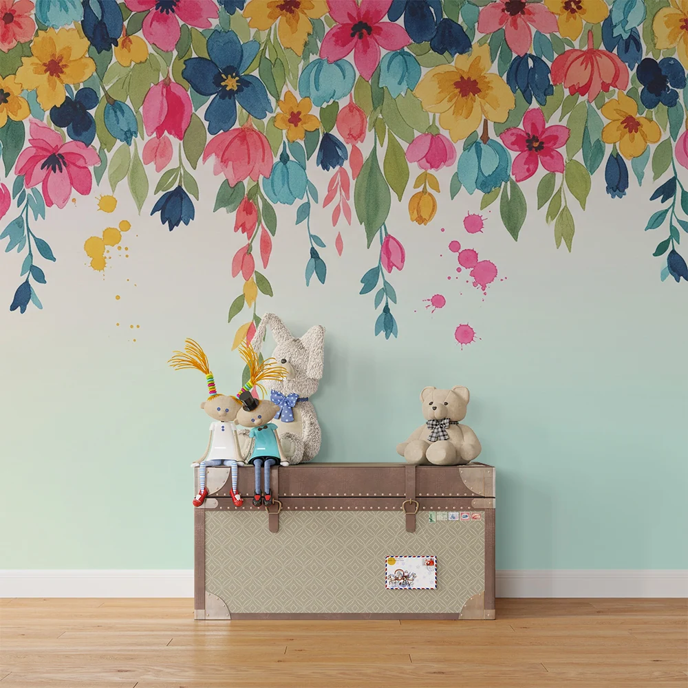 Papier de parede quarto bebê | Flores coloridas e folhagem delicada em aquarela