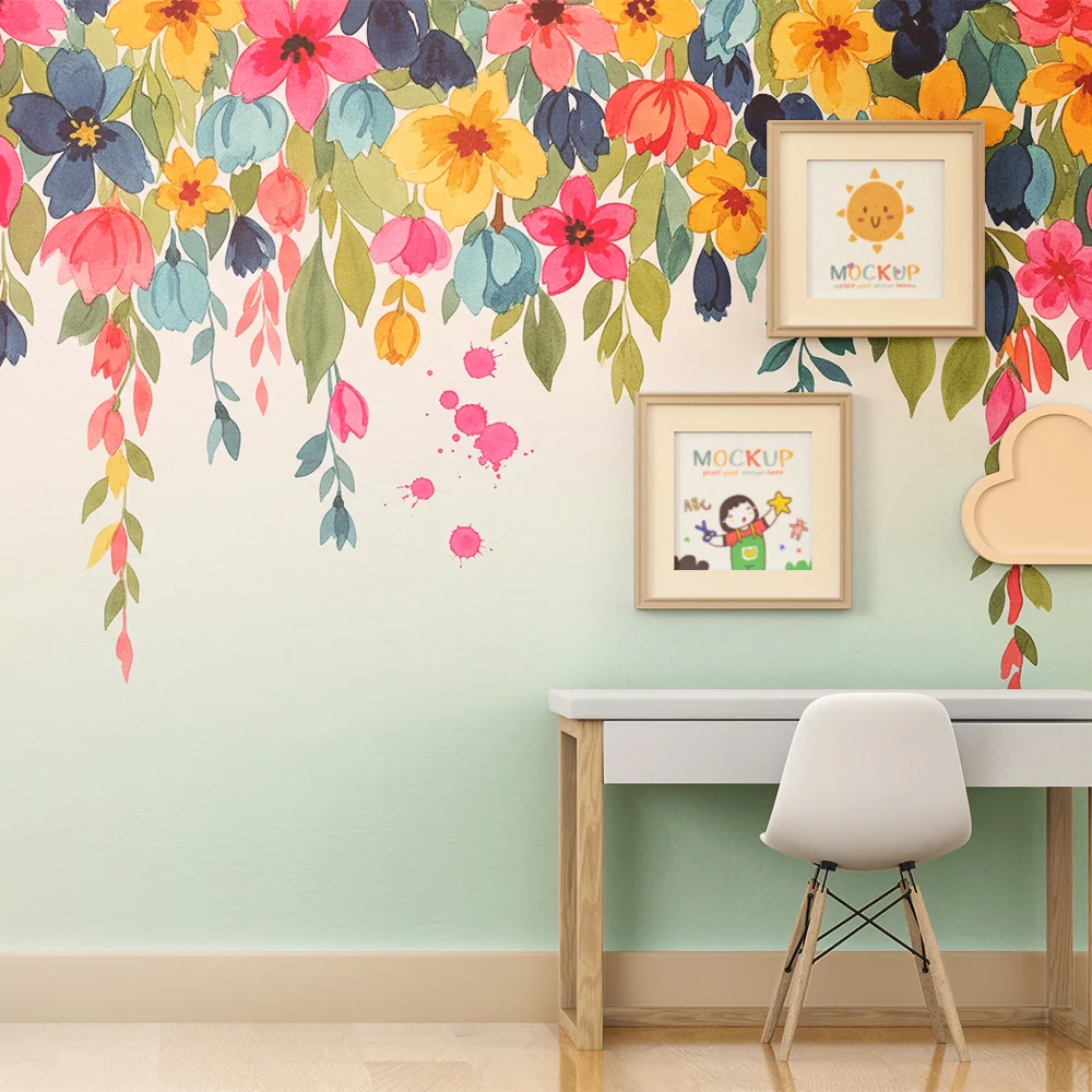 Papier de parede quarto bebê | Flores coloridas e folhagem delicada em aquarela