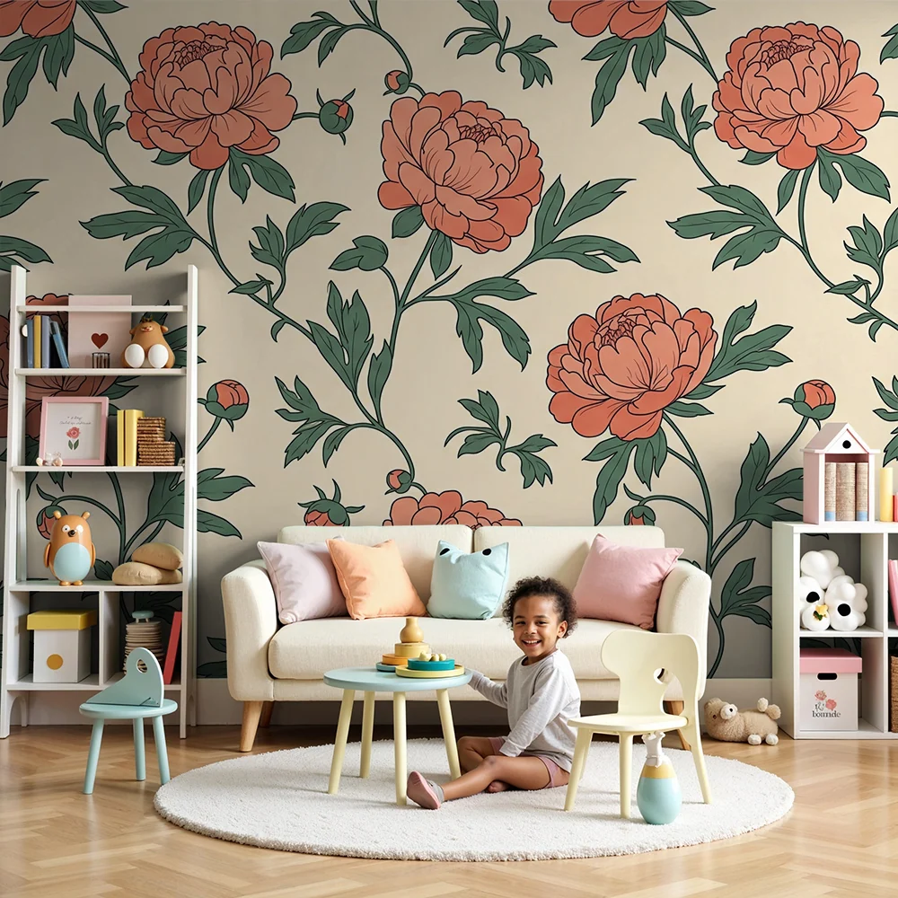 Papier de parede quarto bebê | Flores delicadas em fundo creme