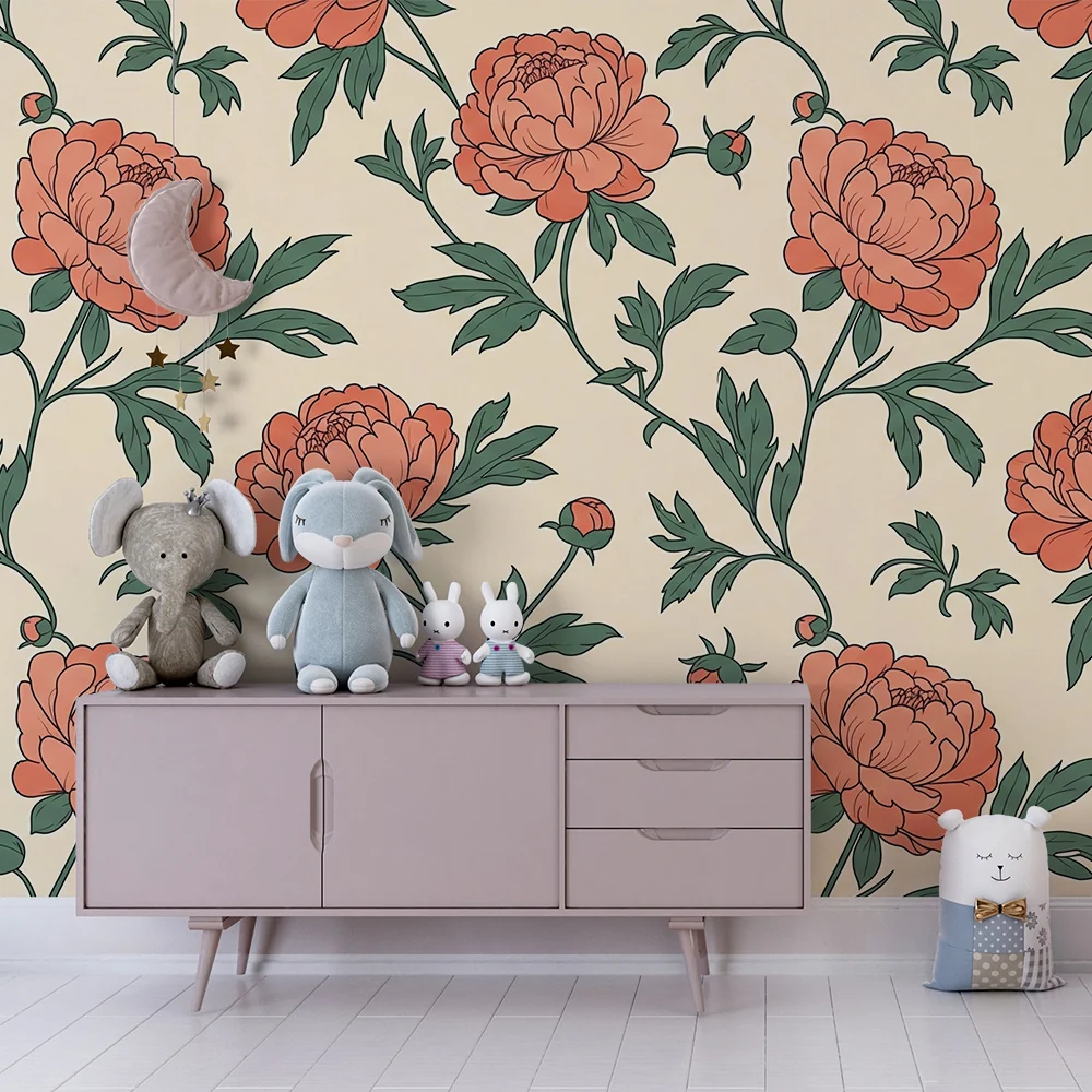 Papier de parede quarto bebê | Flores delicadas em fundo creme