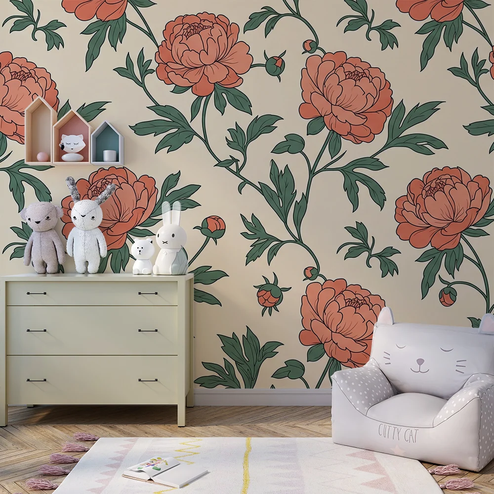 Papier de parede quarto bebê | Flores delicadas em fundo creme