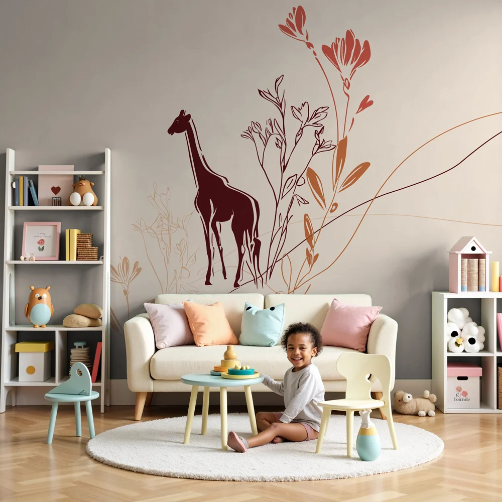 Papier de parede quarto bebê | Girafa e flores delicadas