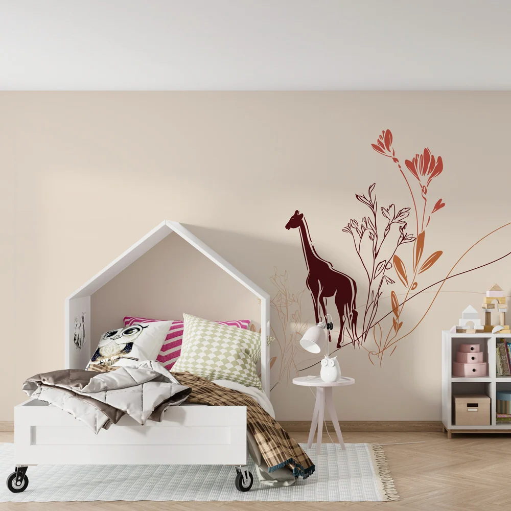 Papier de parede quarto bebê | Girafa e flores delicadas