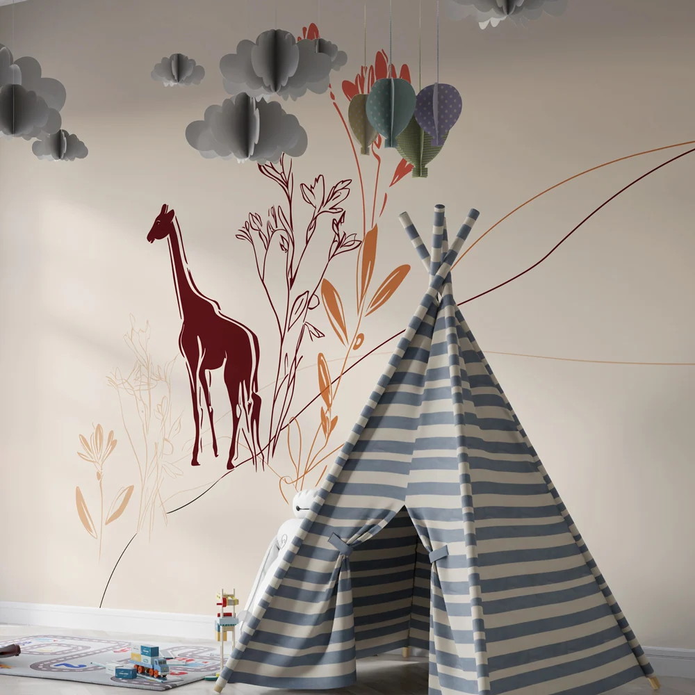 Papier de parede quarto bebê | Girafa e flores delicadas