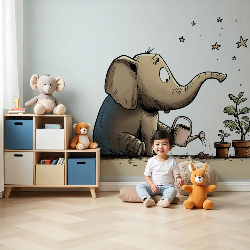 Papier de parede quarto crianç | Elefante jardineiro regando plantas sob as estrelas