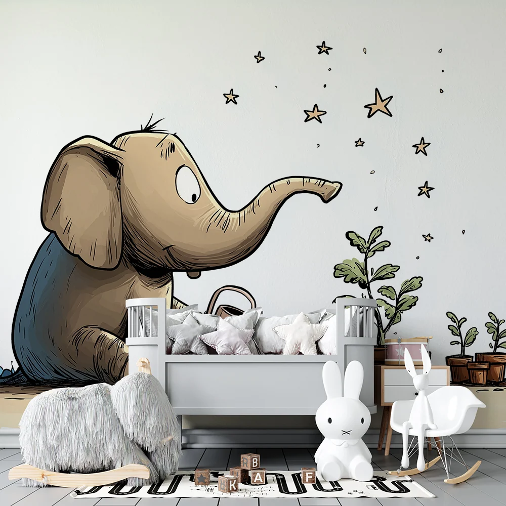Papier de parede quarto crianç | Elefante jardineiro regando plantas sob as estrelas